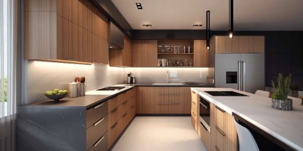 原木开放厨房中岛吧台_Midjourney灵感图库220P-全球设计案例智能库_OJBKAI.COM设计智库