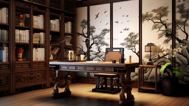 新中式书房Midjourney灵感图库-_设计智库－全球设计案例智能库_OJBKAI.COM-全球设计案例智能库_OJBKAI.COM设计智库