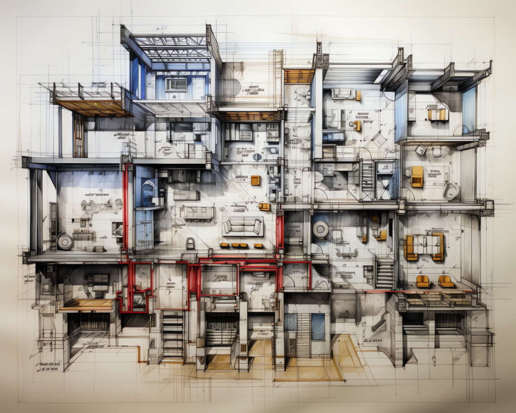 建筑手绘图Midjourney灵感图库-名师联智库－全球设计案例智能库名师联素材平台-全球设计案例智能库_OJBKAI.COM设计智库