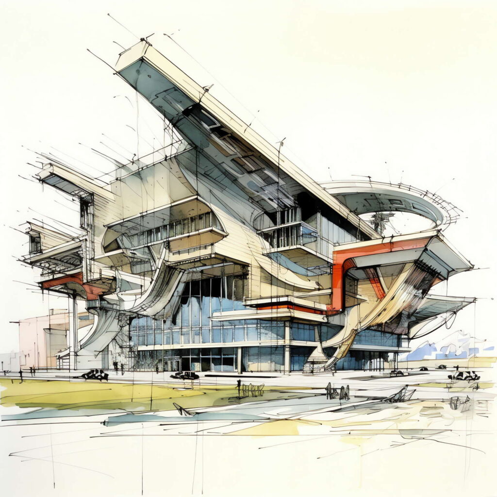 现代建筑草图Midjourney灵感图库-名师联智库－全球设计案例智能库名师联素材平台-全球设计案例智能库_OJBKAI.COM设计智库