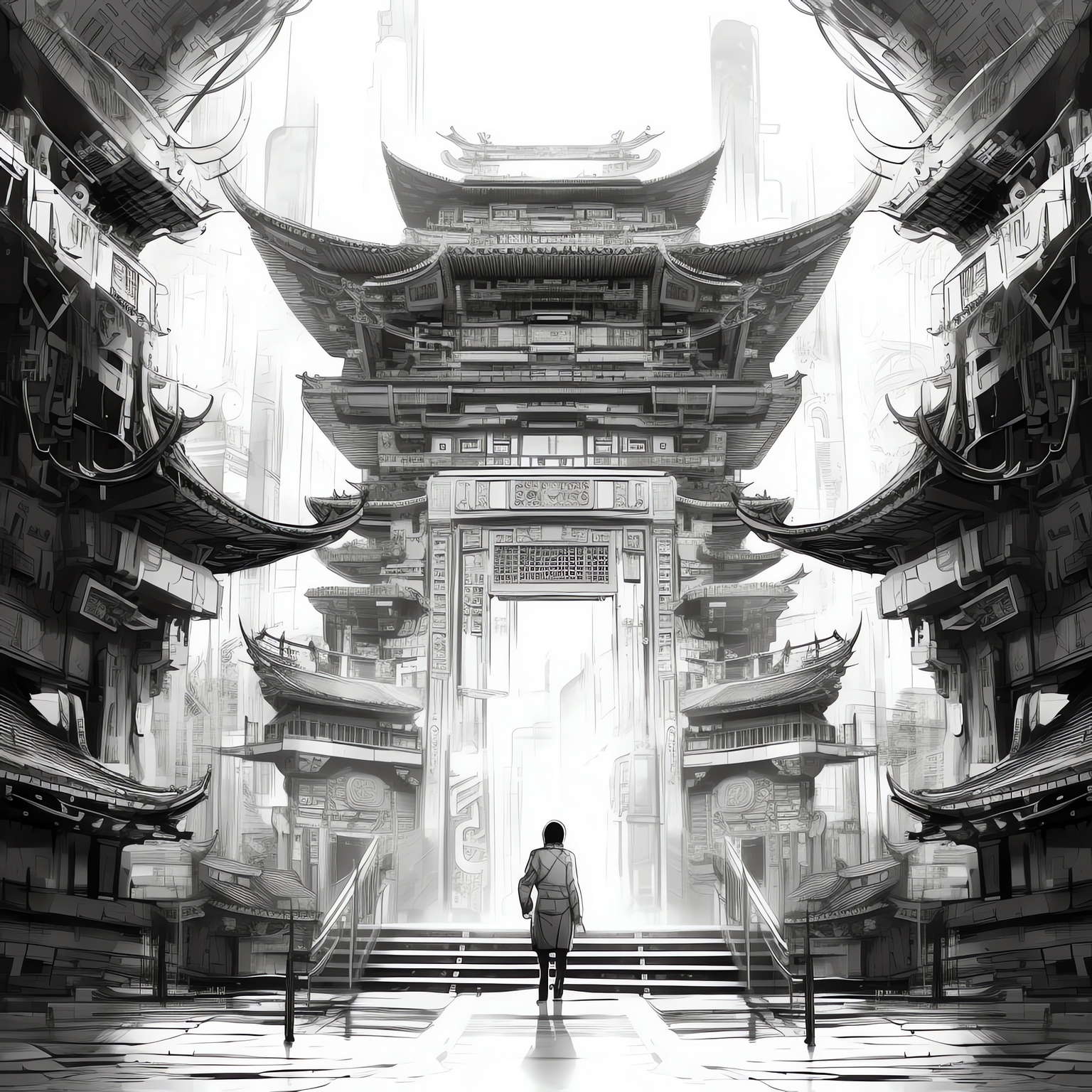 中式古建筑草图Midjourney灵感图库-名师联智库－全球设计案例智能库名师联素材平台-全球设计案例智能库_OJBKAI.COM设计智库