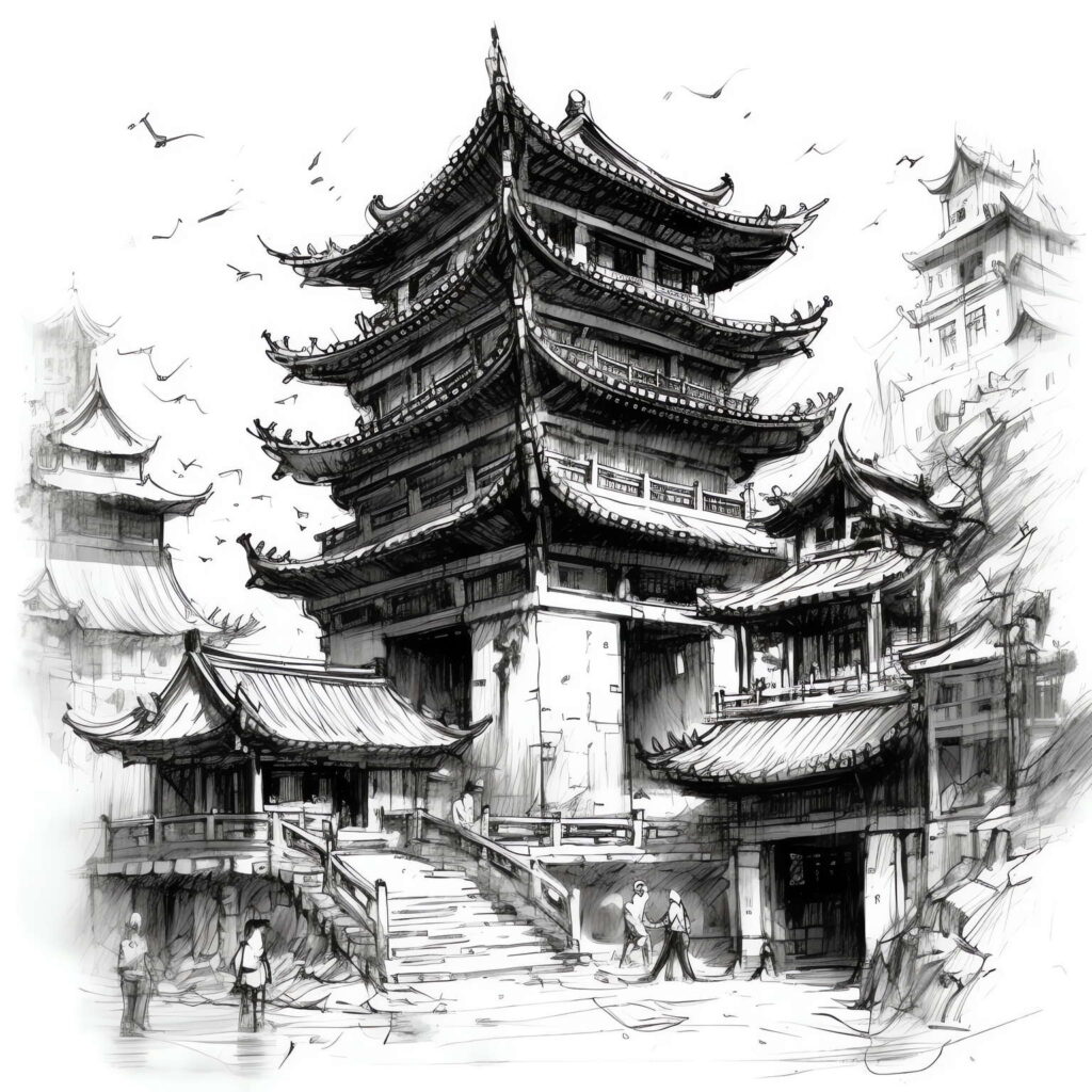 中式古建筑草图Midjourney灵感图库-名师联智库－全球设计案例智能库名师联素材平台-全球设计案例智能库_OJBKAI.COM设计智库