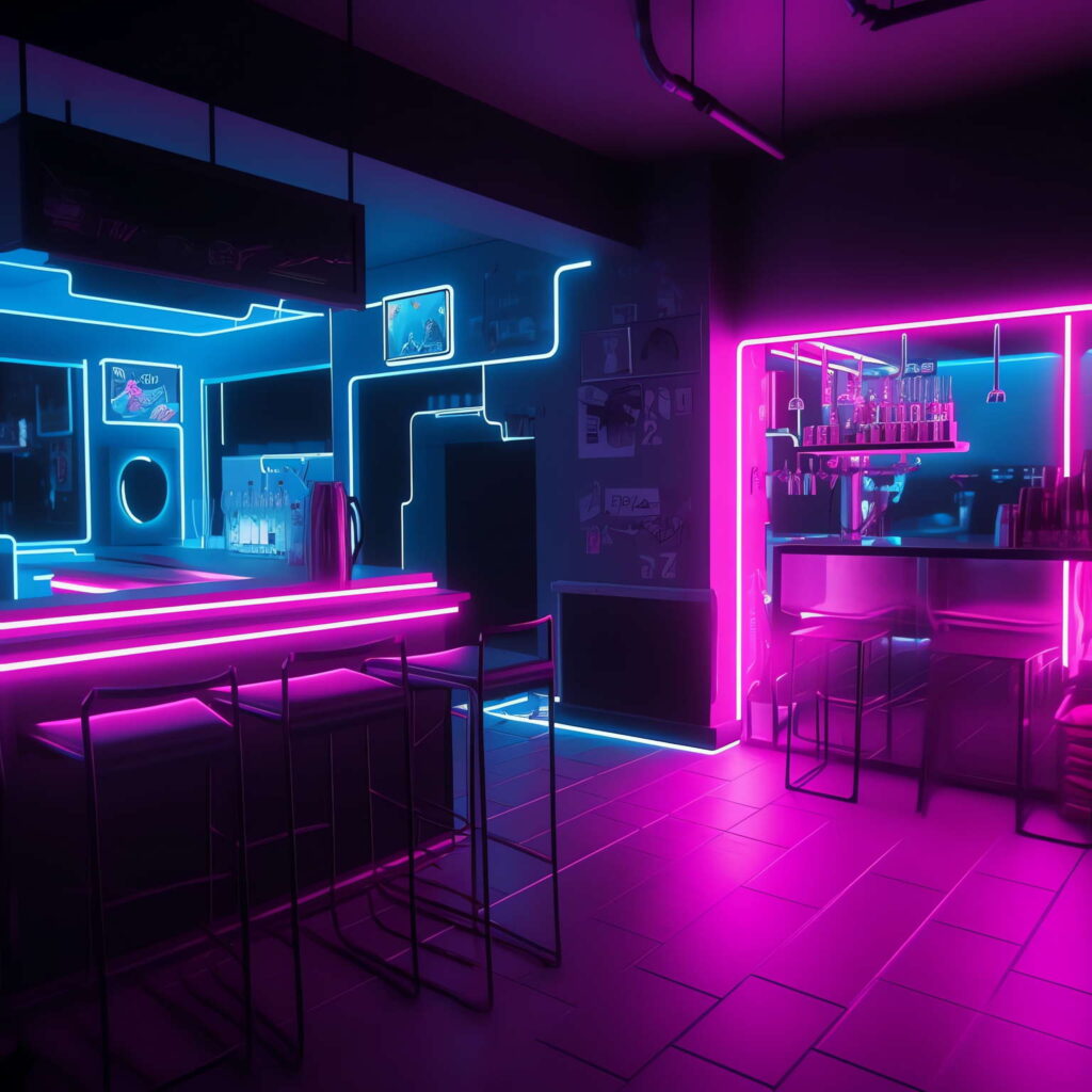 图片[45]-全球设计案例智能库_OJBKAI.COM赛博朋克风霓虹灯设计酒吧吧台区_Midjourney灵感图库-_设计智库－全球设计案例智能库_OJBKAI.COM-全球设计案例智能库_OJBKAI.COM设计智库