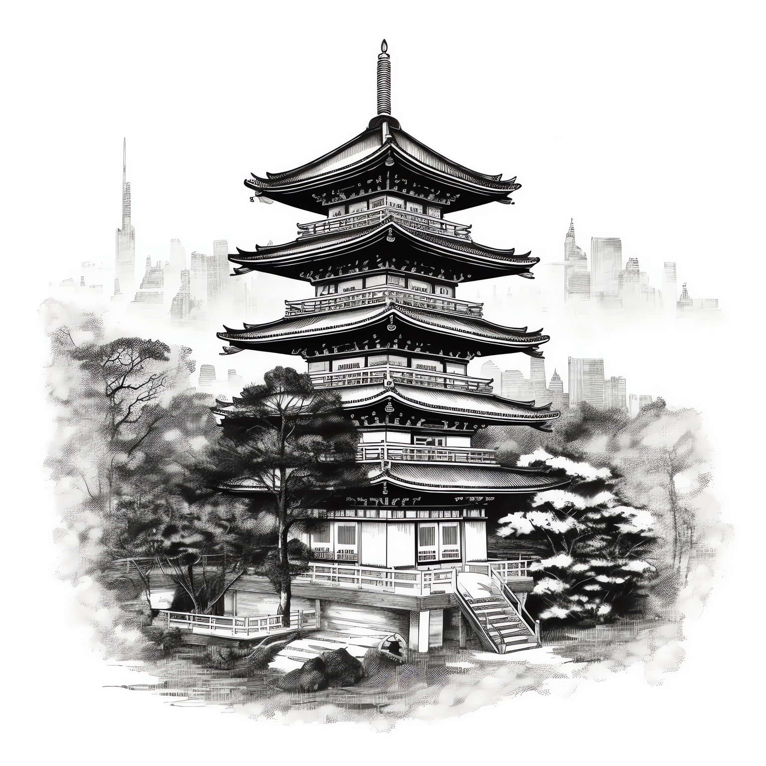 中式古建筑草图Midjourney灵感图库-名师联智库－全球设计案例智能库名师联素材平台-全球设计案例智能库_OJBKAI.COM设计智库