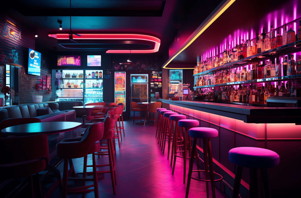 图片[16]-全球设计案例智能库_OJBKAI.COM赛博朋克风霓虹灯设计酒吧吧台区_Midjourney灵感图库-_设计智库－全球设计案例智能库_OJBKAI.COM-全球设计案例智能库_OJBKAI.COM设计智库