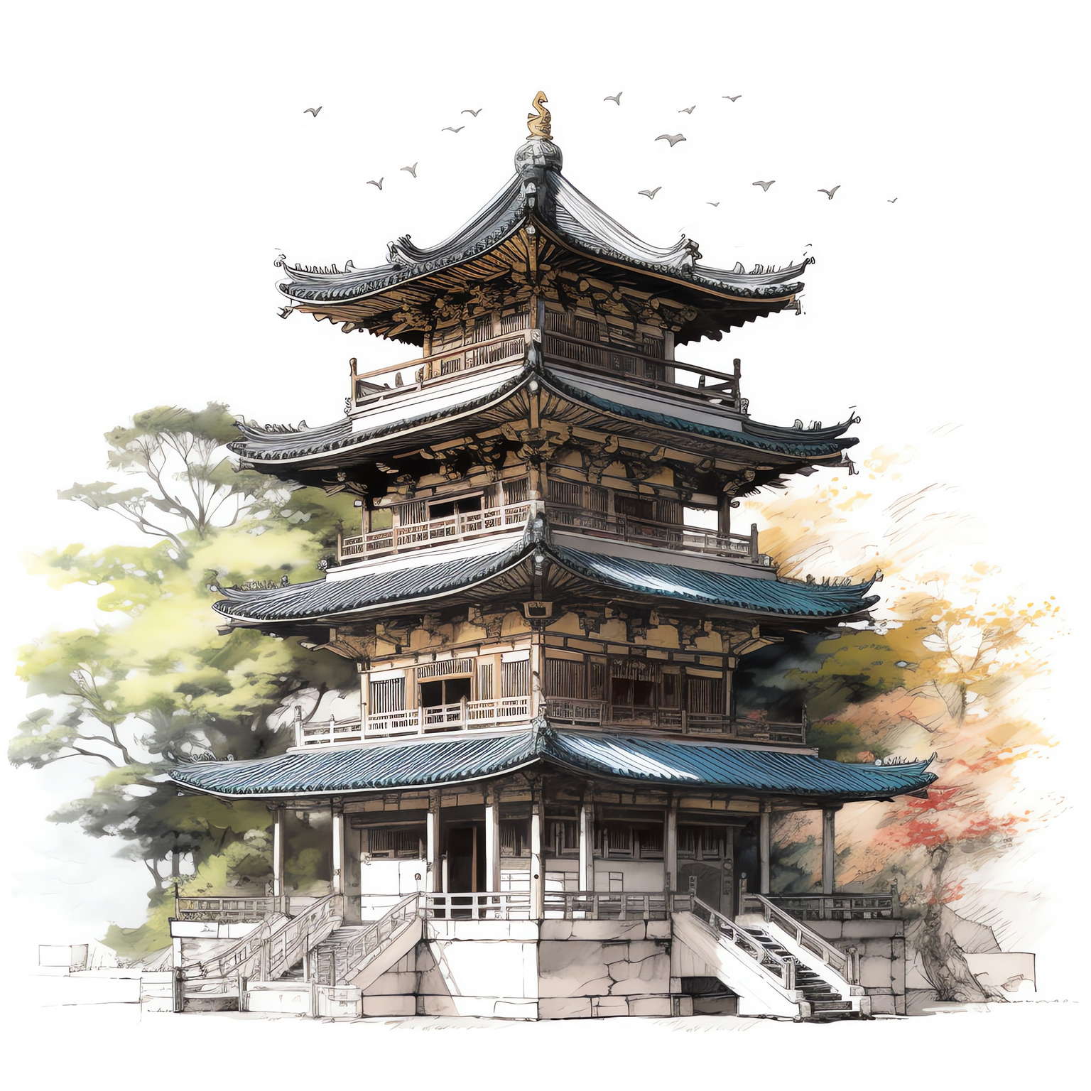 中国古建草图Midjourney灵感图库-名师联智库－全球设计案例智能库名师联素材平台-全球设计案例智能库_OJBKAI.COM设计智库