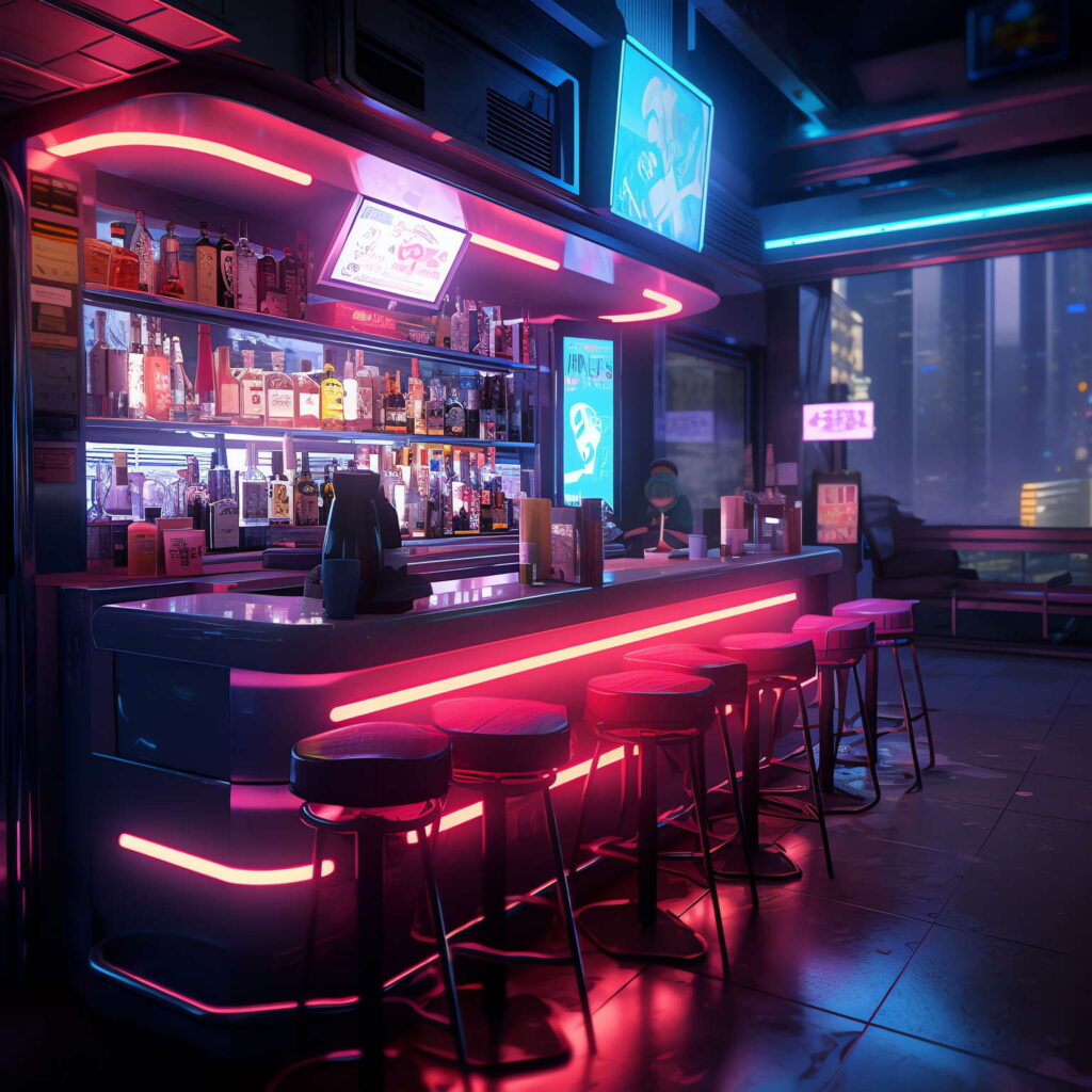 图片[68]-全球设计案例智能库_OJBKAI.COM赛博朋克风霓虹灯设计酒吧吧台区_Midjourney灵感图库-_设计智库－全球设计案例智能库_OJBKAI.COM-全球设计案例智能库_OJBKAI.COM设计智库