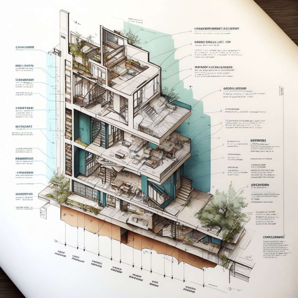 建筑剖面图Midjourney灵感图库-名师联智库－全球设计案例智能库名师联素材平台-全球设计案例智能库_OJBKAI.COM设计智库