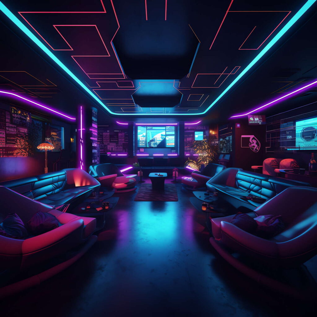 赛博朋克风霓虹灯设计KTV酒吧_Midjourney灵感图库-_设计智库－全球设计案例智能库_OJBKAI.COM-全球设计案例智能库_OJBKAI.COM设计智库