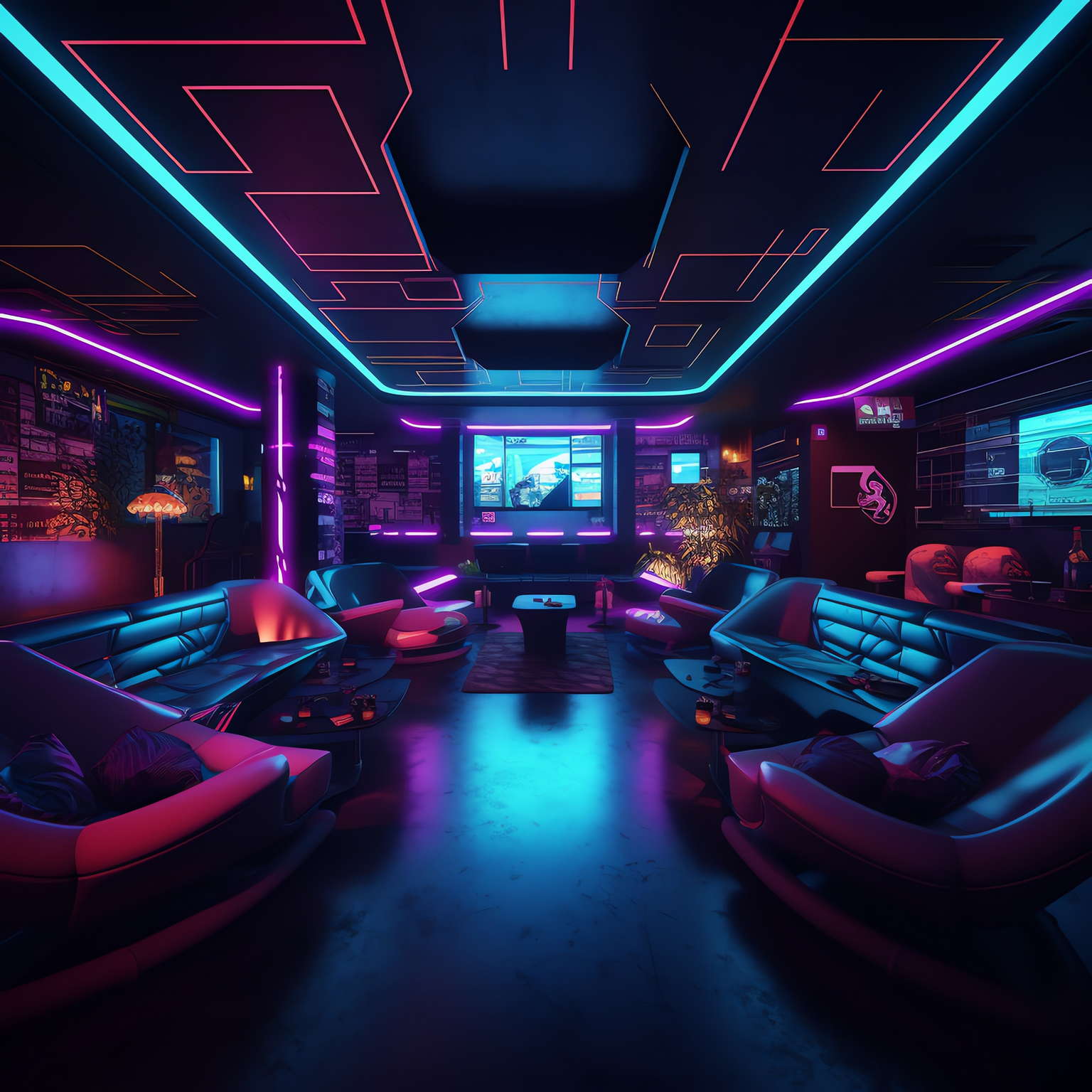 赛博朋克风霓虹灯设计KTV酒吧_Midjourney灵感图库-_设计智库－全球设计案例智能库_OJBKAI.COM-全球设计案例智能库_OJBKAI.COM设计智库