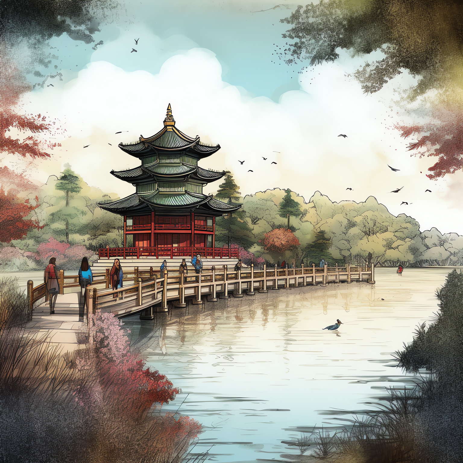 中国古建草图Midjourney灵感图库-名师联智库－全球设计案例智能库名师联素材平台-全球设计案例智能库_OJBKAI.COM设计智库