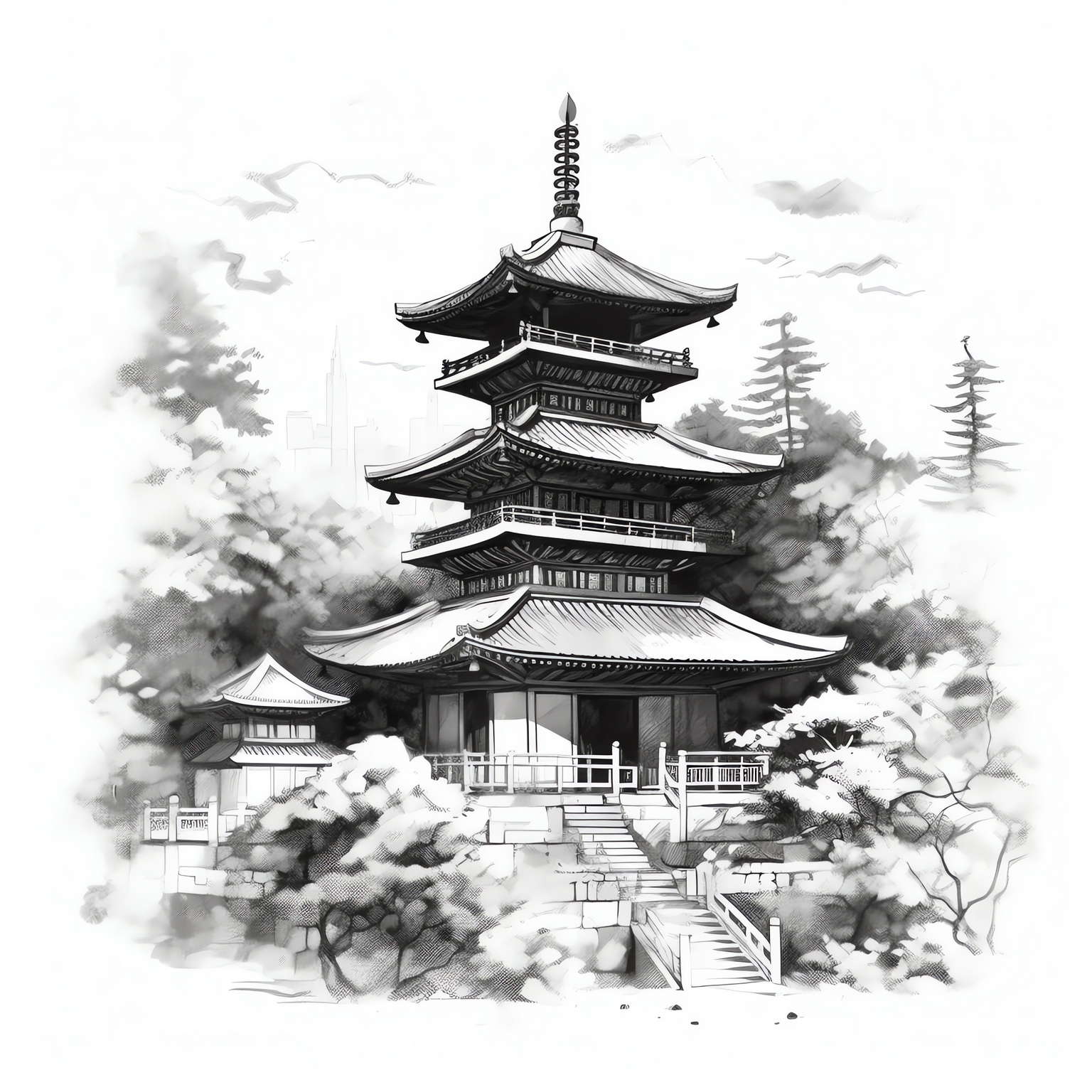 中式古建筑草图Midjourney灵感图库-名师联智库－全球设计案例智能库名师联素材平台-全球设计案例智能库_OJBKAI.COM设计智库