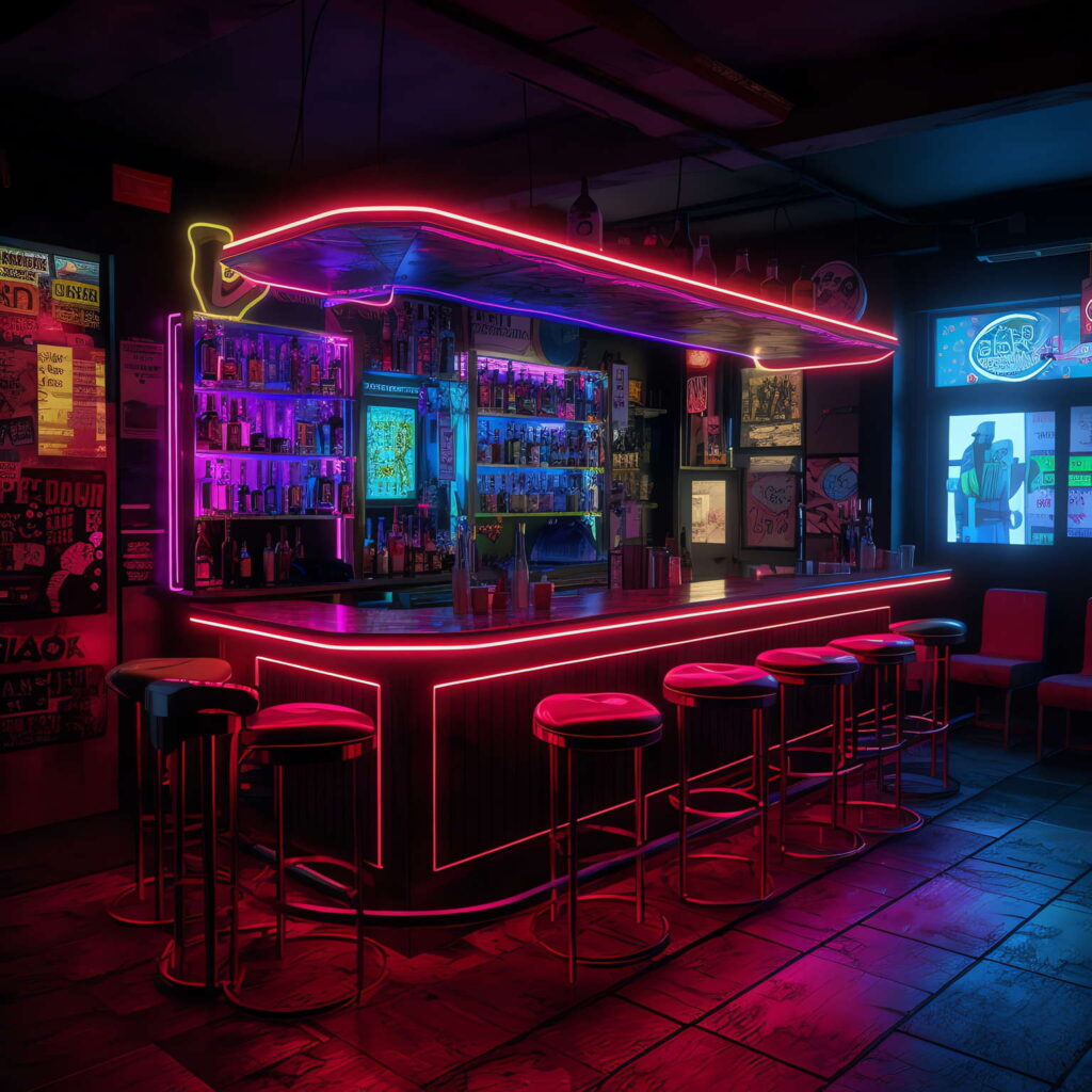 图片[92]-全球设计案例智能库_OJBKAI.COM赛博朋克风霓虹灯设计酒吧吧台区_Midjourney灵感图库-_设计智库－全球设计案例智能库_OJBKAI.COM-全球设计案例智能库_OJBKAI.COM设计智库