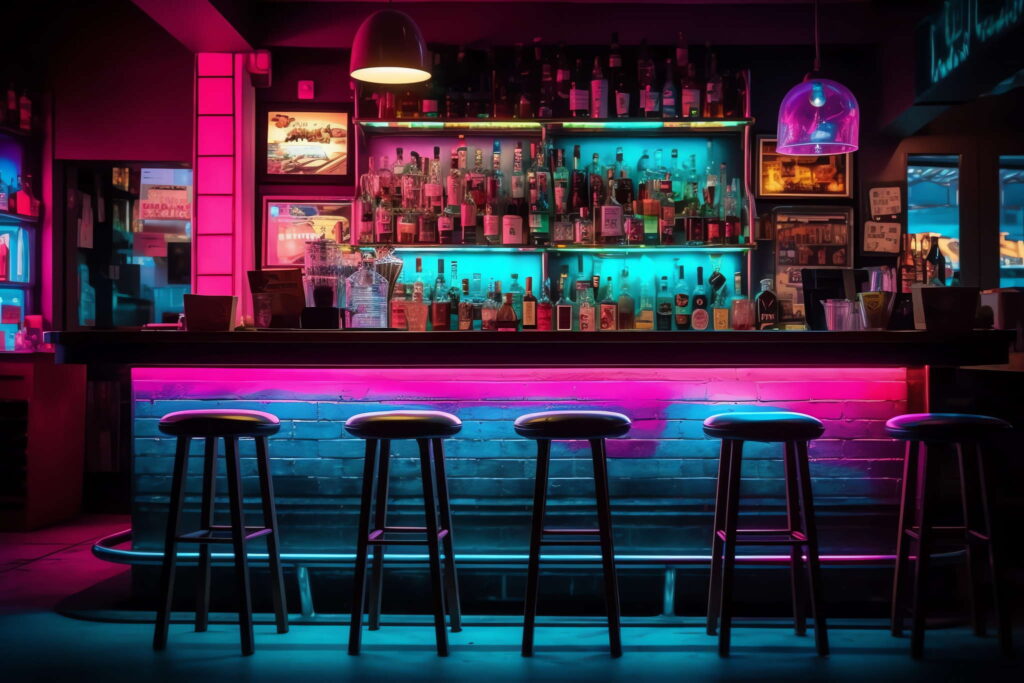 赛博朋克风霓虹灯设计酒吧吧台区_Midjourney灵感图库-_设计智库－全球设计案例智能库_OJBKAI.COM-全球设计案例智能库_OJBKAI.COM设计智库