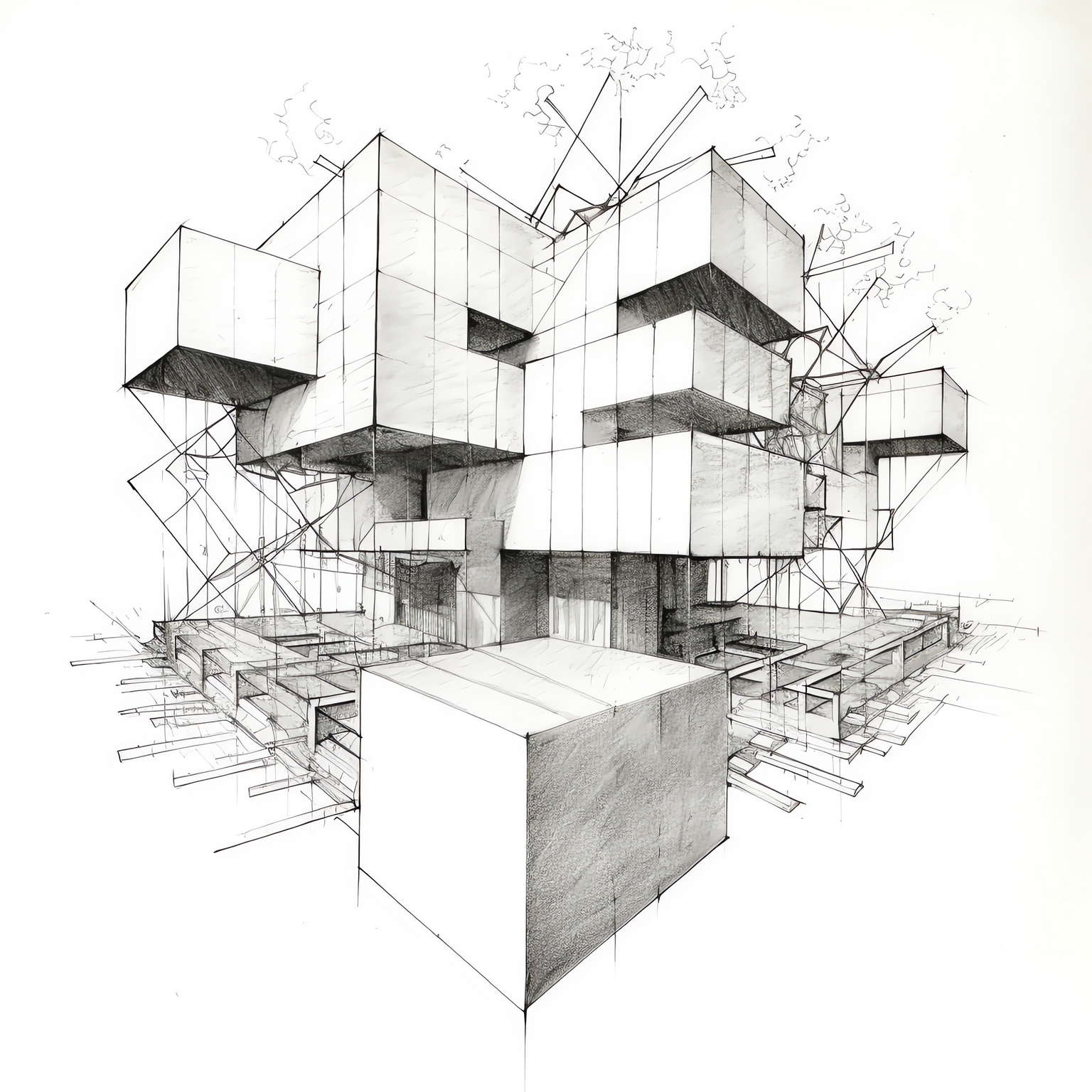 现代建筑草图Midjourney灵感图库-名师联智库－全球设计案例智能库名师联素材平台-全球设计案例智能库_OJBKAI.COM设计智库