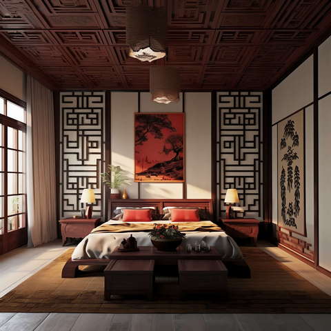 中式卧室Midjourney灵感图库-_设计智库－全球设计案例智能库_OJBKAI.COM-全球设计案例智能库_OJBKAI.COM设计智库