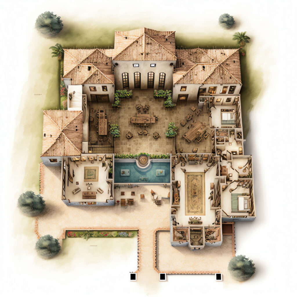 别墅平面布局图Midjourney灵感图库-名师联智库－全球设计案例智能库名师联素材平台-全球设计案例智能库_OJBKAI.COM设计智库