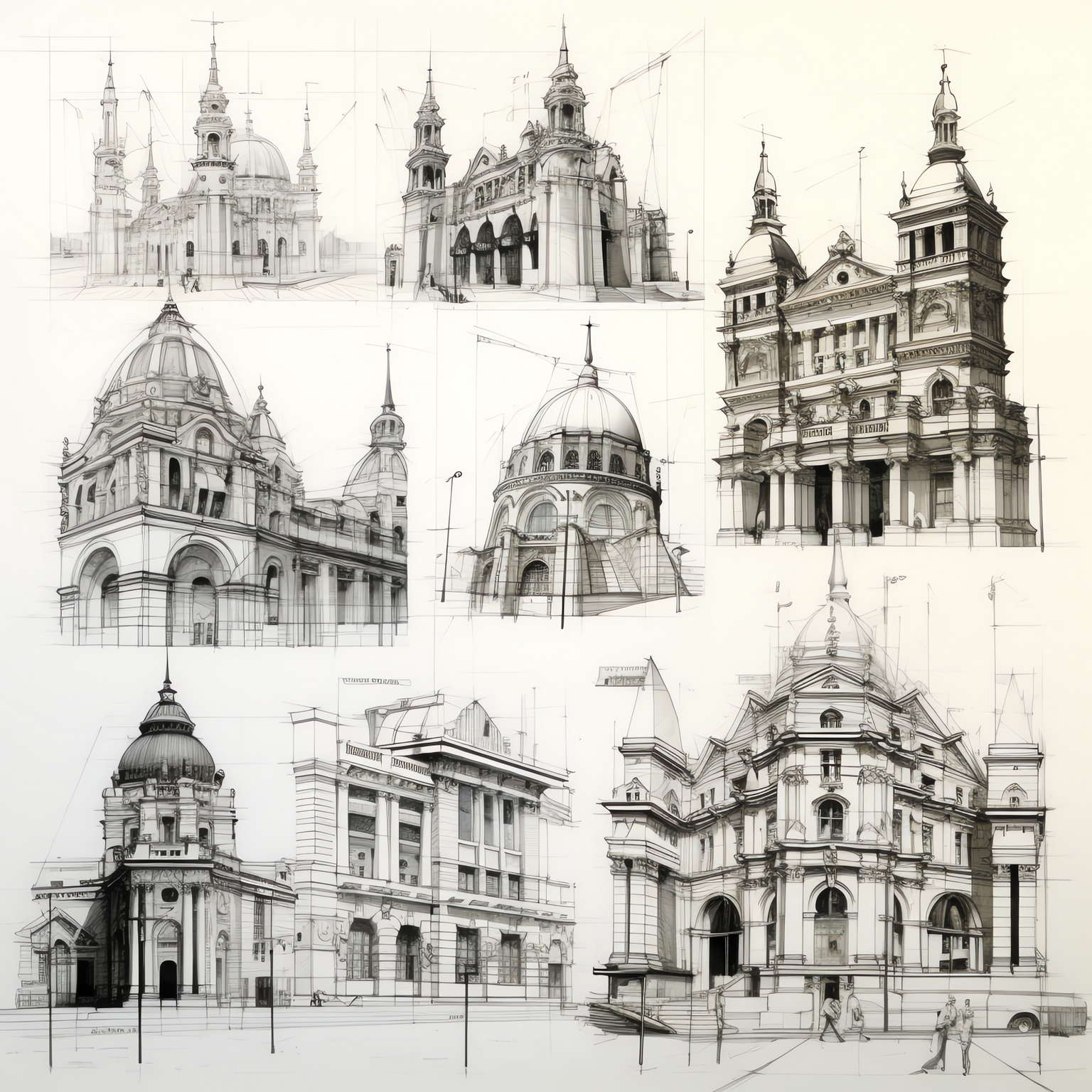 建筑手绘图Midjourney灵感图库-名师联智库－全球设计案例智能库名师联素材平台-全球设计案例智能库_OJBKAI.COM设计智库