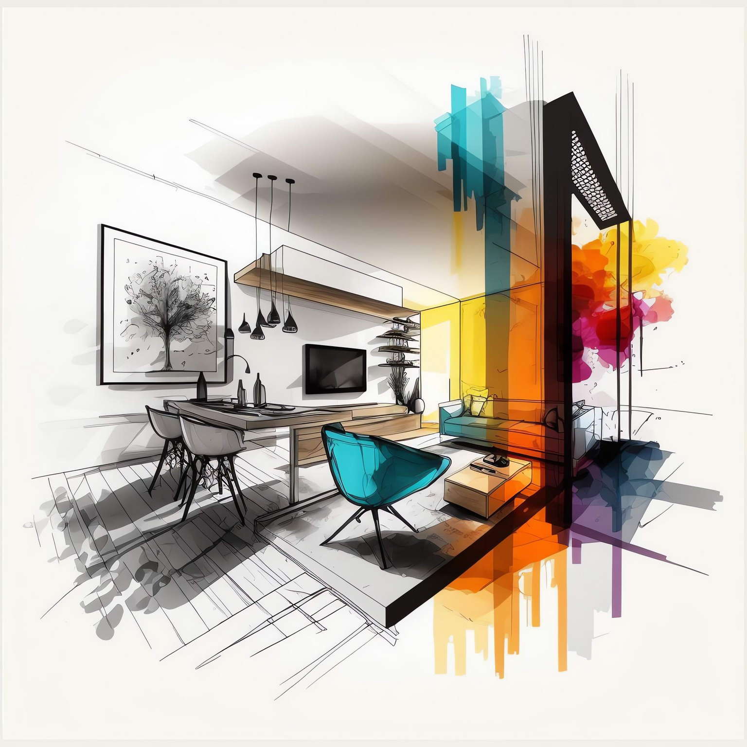 室内设计手绘图Midjourney灵感图库-名师联智库－全球设计案例智能库名师联素材平台-全球设计案例智能库_OJBKAI.COM设计智库