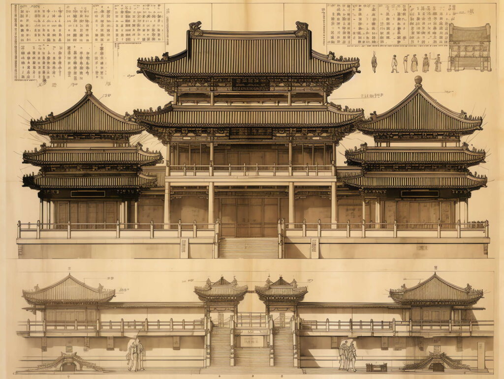 中国古建草图Midjourney灵感图库-名师联智库－全球设计案例智能库名师联素材平台-全球设计案例智能库_OJBKAI.COM设计智库