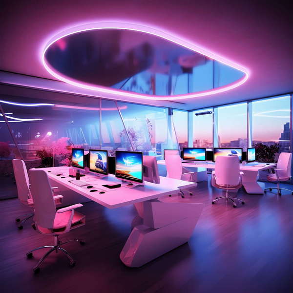 赛博朋克风霓虹灯设计公共办公区域Midjourney灵感图库-_设计智库－全球设计案例智能库_OJBKAI.COM-全球设计案例智能库_OJBKAI.COM设计智库