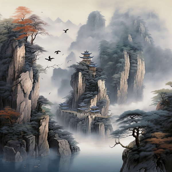 庭林楼阁山水意境图Midjourney灵感图库-_设计智库－全球设计案例智能库_OJBKAI.COM-全球设计案例智能库_OJBKAI.COM设计智库